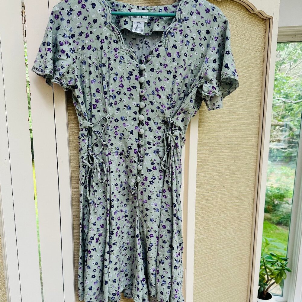 Vintage 90s Fashion Bug Floral Rayon Romper Sage Purple Button Front Large